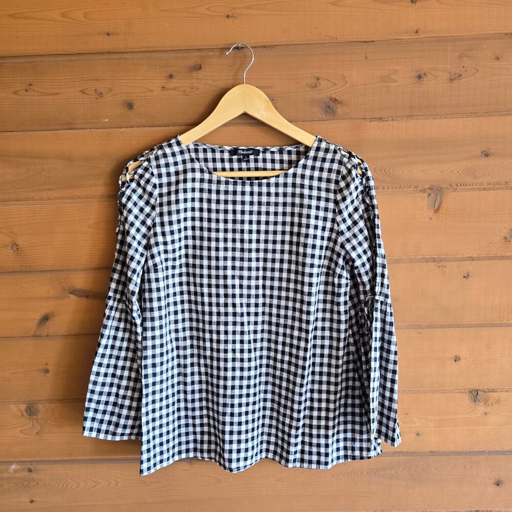 Madewell Top Gingham Bell Sleeve Lace Up Bow Blouse S Black White Retro Shirt - Picture 2 of 6